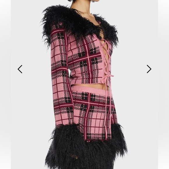 The Ragged Priest Pink Plaid Cardigan Sweater with Black Faux Fur - Picture 9 of 10
